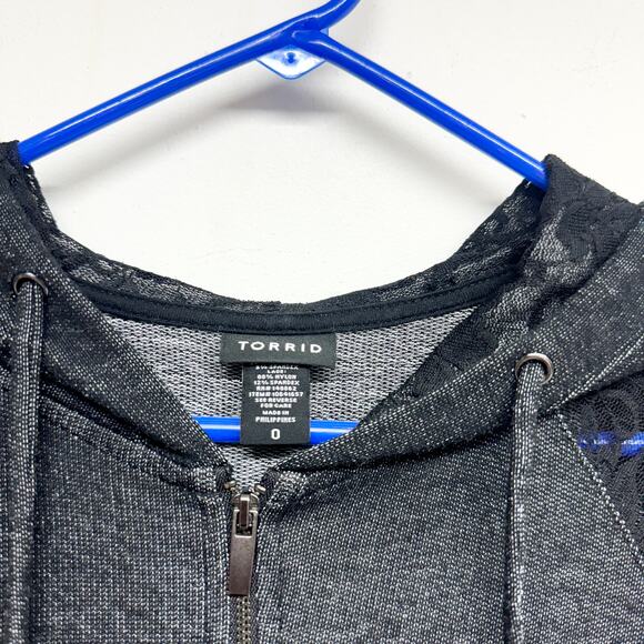 Torrid Women Black Zip Up Hooded Lace Sleeved Lightweight Cotton Jacket 0 Large - Picture 2 of 3